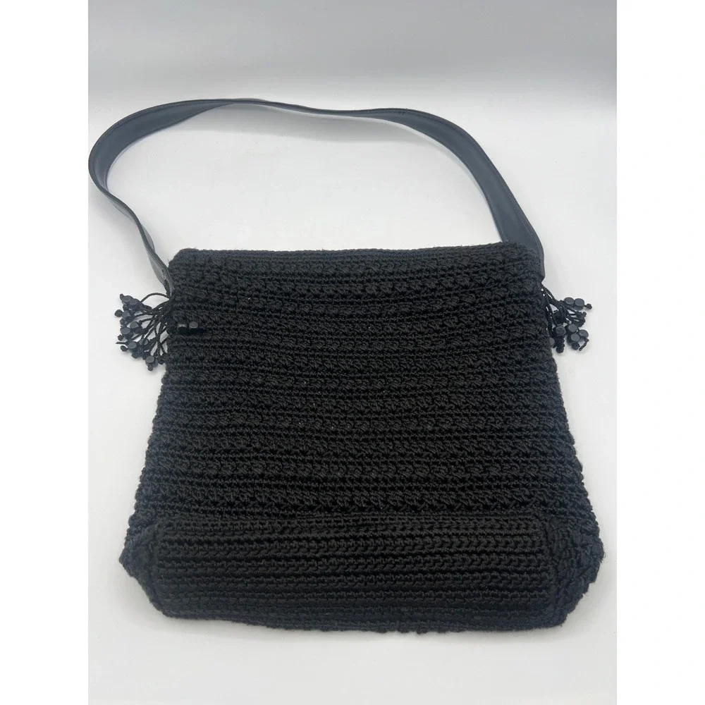The Sak Black Crochet Knit Shoulder Bag Beaded Fringe Hobo Purse Boho Medium